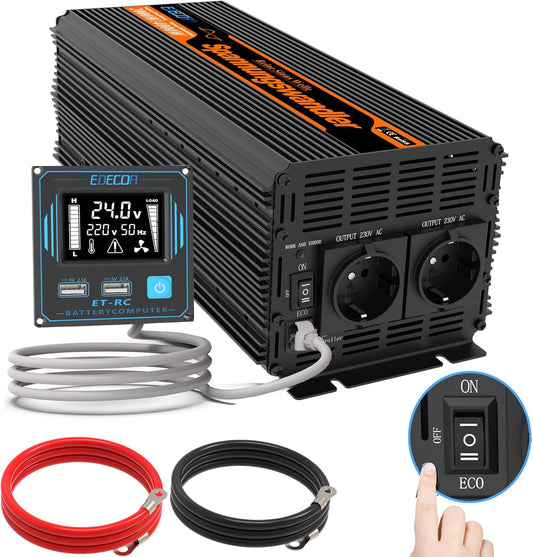 EDECOA 2000W Zuivere Sinus Omvormer 24V naar 230V met LCD-afstandsbediening en 2X USB, Spanningsomvormer 24 V, Inverter Pure Sine Wave