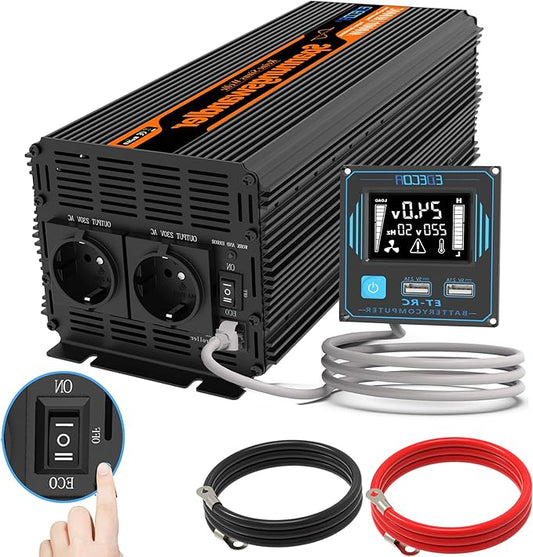 Zuivere Sinus Omvormer 24V Naar 230V – Spanningsomvormer – Inverter – Stroomomzetter – Converter – 2000W Continu Vermogen – LCD Afstandsbediening & 2x USB Poorten