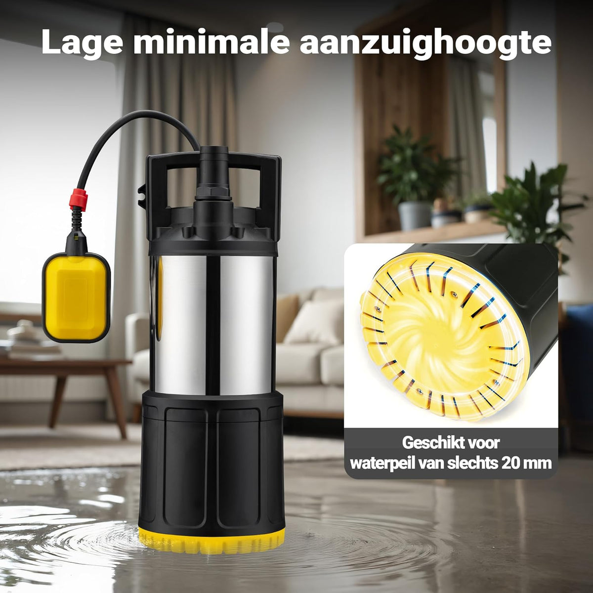 Wiltec dompelpomp met vlotterschakelaar 1200 W, hoge capaciteit dieptepomp tot 7 m diepte, waterpomp met 40 m opvoerhoogte, pomp voor schoon water, wegpompen van water, drainagepomp