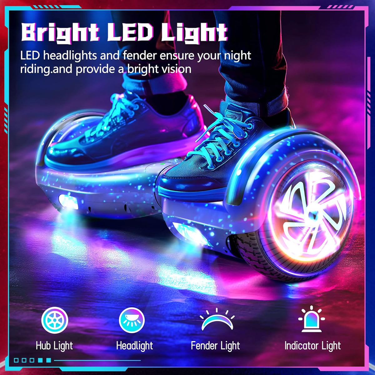 Elektrische step van 6,5 inch (16,5 cm) met Bluetooth en knipperende led-banden en oplichtende motoren, alle terreinen voor jongens, meisjes, kinderen, tieners