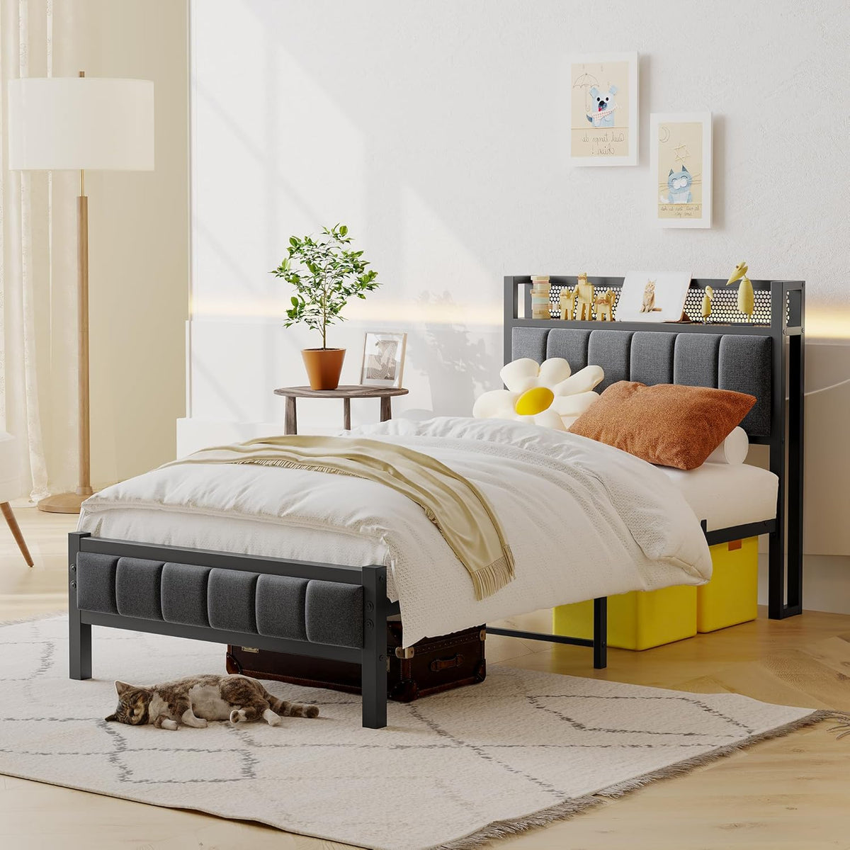 3ft eenpersoonsbedframes met opberghoofdeinde, zwaar metalen bedframe eenpersoons, geen boxspring nodig, solide bedsteadbasis/sterke stalen latten ondersteuning/grijs