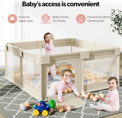 Fodoss Baby Playpen, 120 x 120 cm, Modular and Foldable, Beige with Children's Design, This Large Playpen is Perfect for Home, Beige - QUORE
