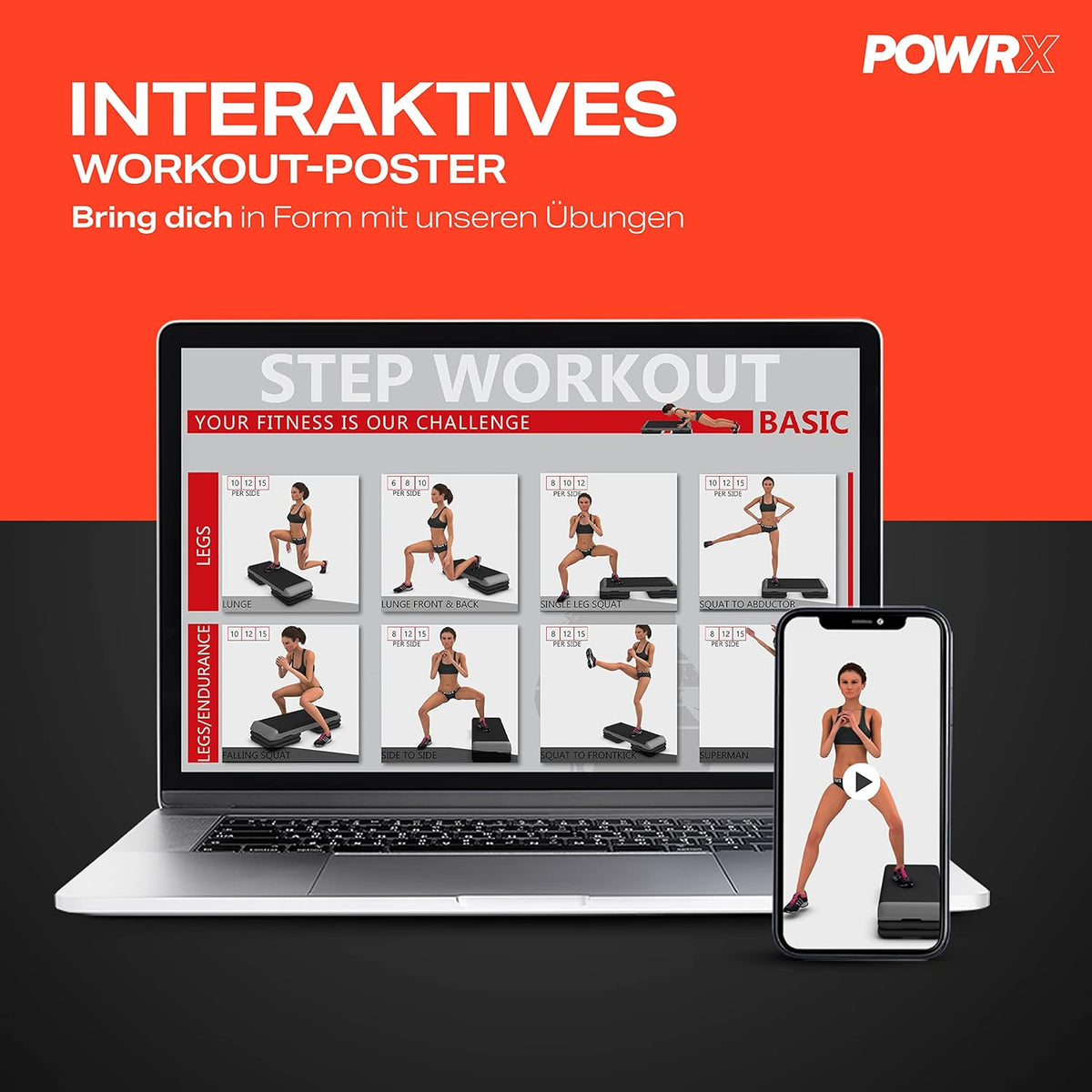 POWRX Professionele aerobic quiltplank incl. workout I Fitness Stepbank Step in hoogte verstelbaar I Afmetingen: 89 x 34 cm I hoogte tot max. 25 cm verstelbaar (zwart)