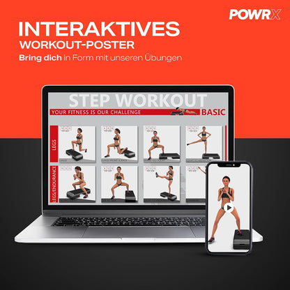POWRX Professionele aerobic quiltplank incl. workout I Fitness Stepbank Step in hoogte verstelbaar I Afmetingen: 89 x 34 cm I hoogte tot max. 25 cm verstelbaar (zwart)