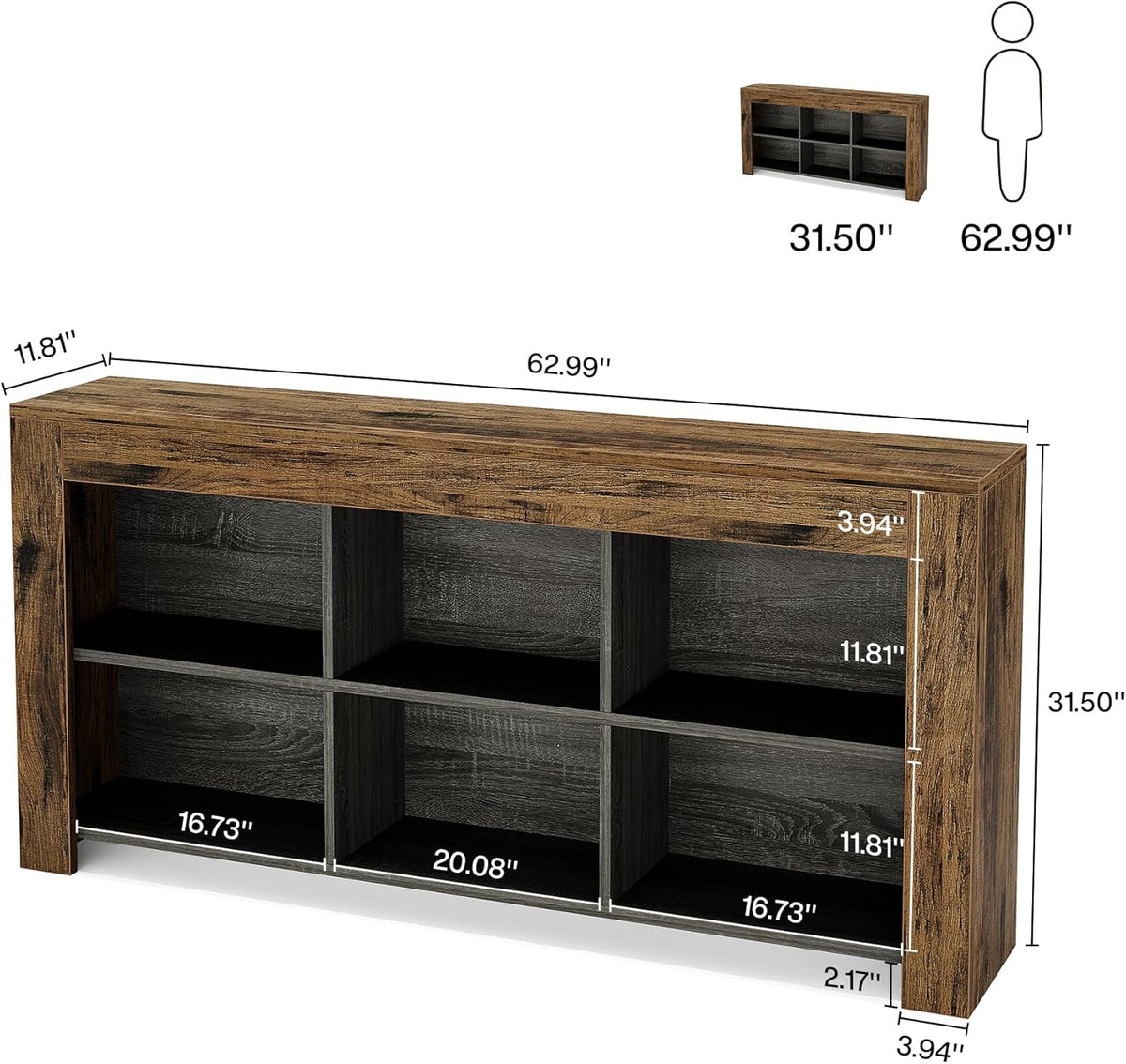 Tribesigns Console Table, 160 x 30 x 80 cm, Side Table, Hallway Table, Rustic Entrance Table Made of Wood, with 6 Storage Cubes for Entrance, Hallway, Living Room, Vintage Brown