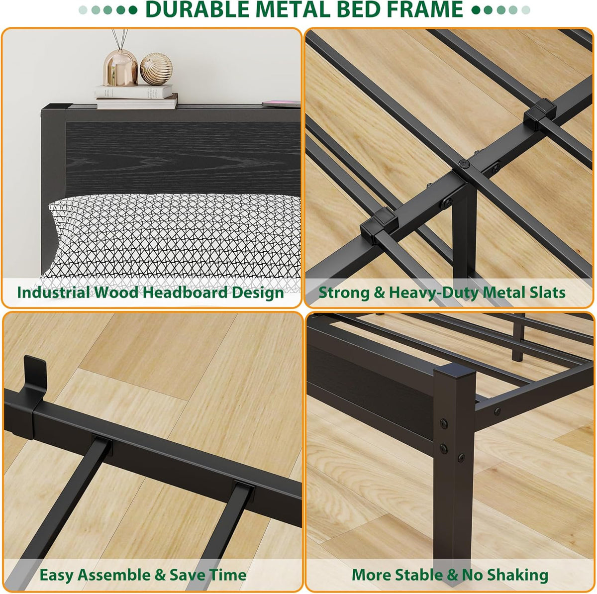 DUMEE Eenpersoonsbedframe met houten opbergplank hoofdeinde, 3FT metalen platform bedframe eenpersoonsbed, geen boxspring nodig, verbeterde ondersteuning, zwart eiken