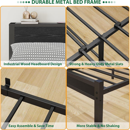 DUMEE Eenpersoonsbedframe met houten opbergplank hoofdeinde, 3FT metalen platform bedframe eenpersoonsbed, geen boxspring nodig, verbeterde ondersteuning, zwart eiken
