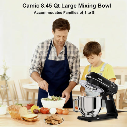 Camic Keukenmachine, 1800 W, volledig metaal, met kom van roestvrij staal, 8 l, 10 snelheden, led-touchscreen, timer, deegmixer met garde, kneedhaak en mixer voor het bereiden van taarten en brood