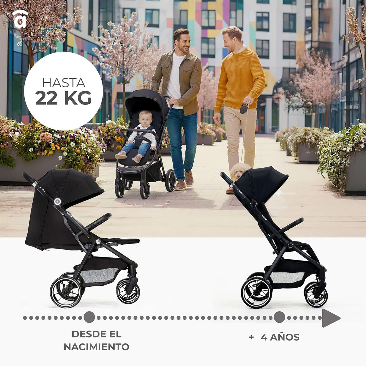 Asalvo Kibu Kinderwagen, comfortabel, ultralicht, veilig, kap met raam en rem, handig, compact inklapbaar, maximale belasting 24 kg, zwart