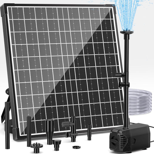 Biling Fontein op zonne-energie, 25 W, 1200 l/u, vijverpomp op zonne-energie met filter, 4 sproeiers, 2 m waterleiding, 5 m kabel, doe-het-zelf waterspel, fontein op zonne-energie voor vijver, tuin