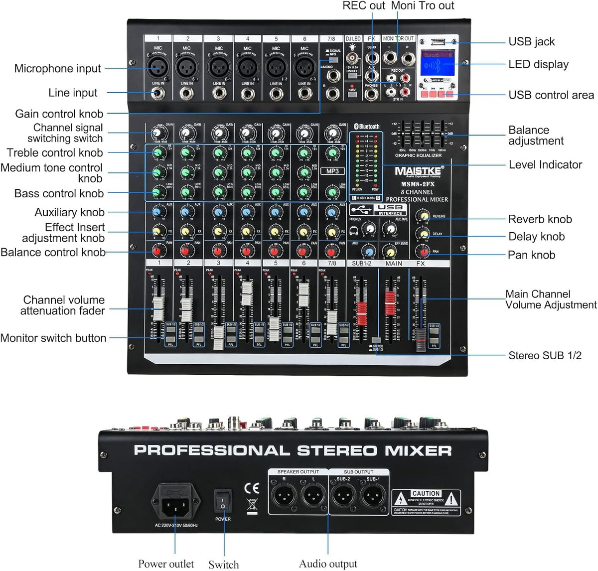 Mixer 8-Kanaals – Audio Mixer – Mengpaneel – DJ Mengpaneel – Mengtafel – Bluetooth en USB – 48V Fantoomvoeding