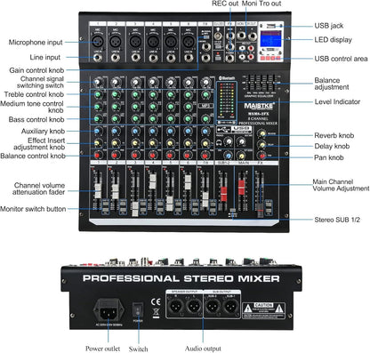 Mixer 8-Kanaals – Audio Mixer – Mengpaneel – DJ Mengpaneel – Mengtafel – Bluetooth en USB – 48V Fantoomvoeding