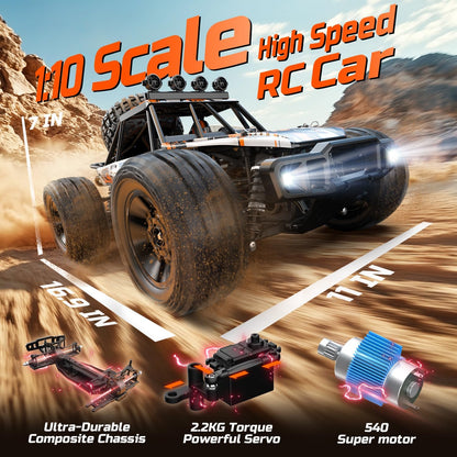 DEERC afstandsbedieningsauto op schaal 1:10 voor volwassenen en jongens, 48 km/u 4x4 RC monstertruck met verlichting, 2 batterijen voor 30 minuten speelplezier, 2,4 GHz terreinwagen RC