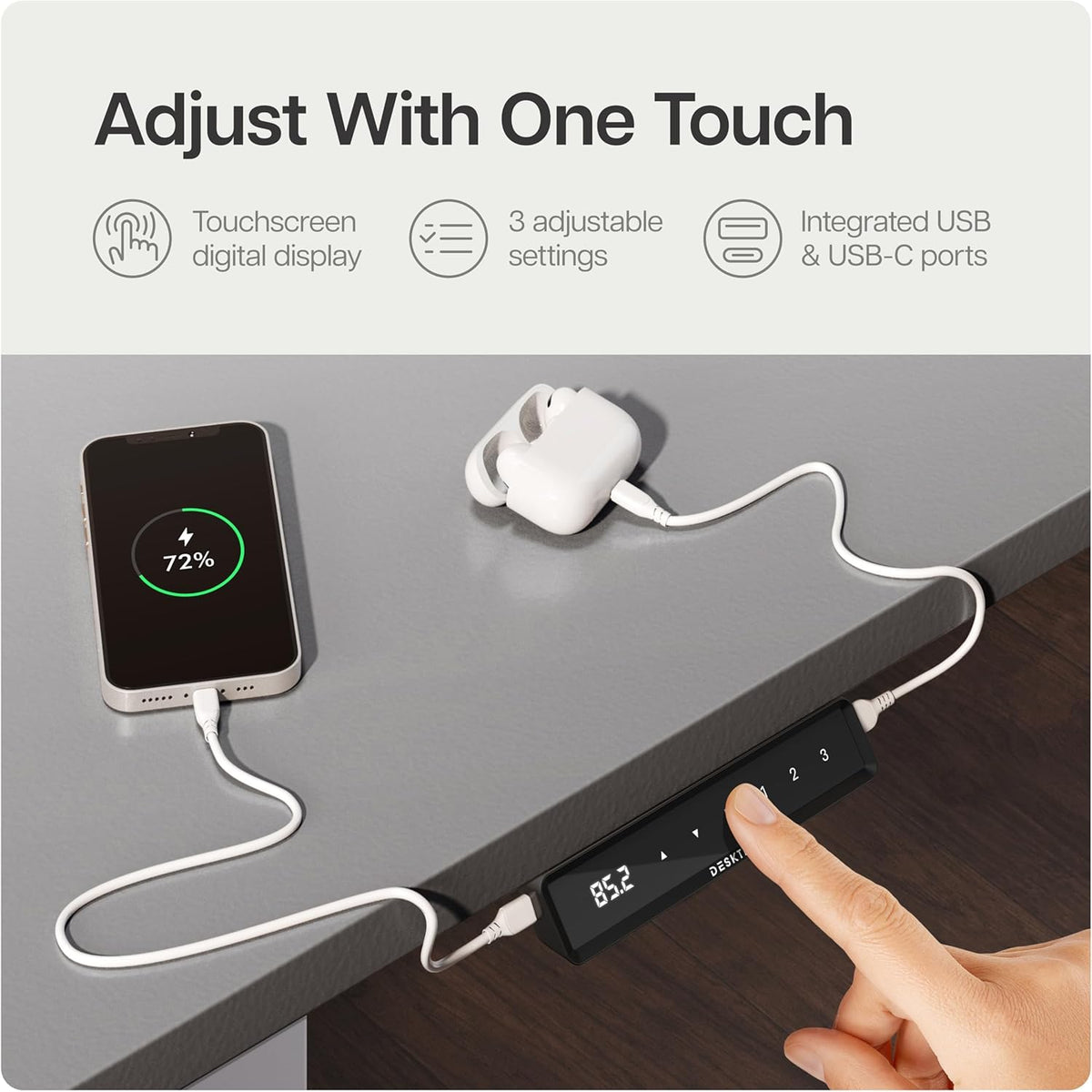 Desktronic Desk HomeOne Frame - Height Adjustable Desk, Standing Desk, Table Frame, Height Adjustable, Electric Desk with Touch Screen and Charging Ports, Grey - QUORE
