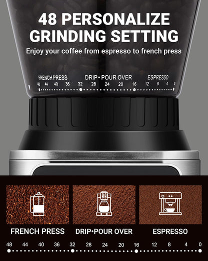 AMZCHEF Elektrische koffiemolen met afneembare houder en gemalen koffiecontainer | LED Touch Panel | 24 nauwkeurige maalinstellingen Elektrische Molen voor espresso/druppelaar/overgieten/French Press