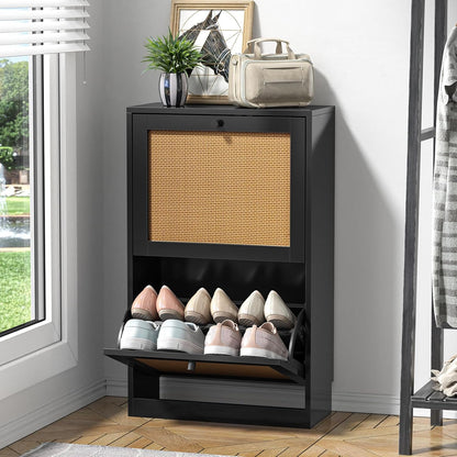 Schoenenkast – Schoenenrek – Schoenopbergkast – Schoenendisplay – Smalle Schoenenkast – Natuurlijk Rattan – Verstelbare Planken – Compact 51x23x84 cm – Wit