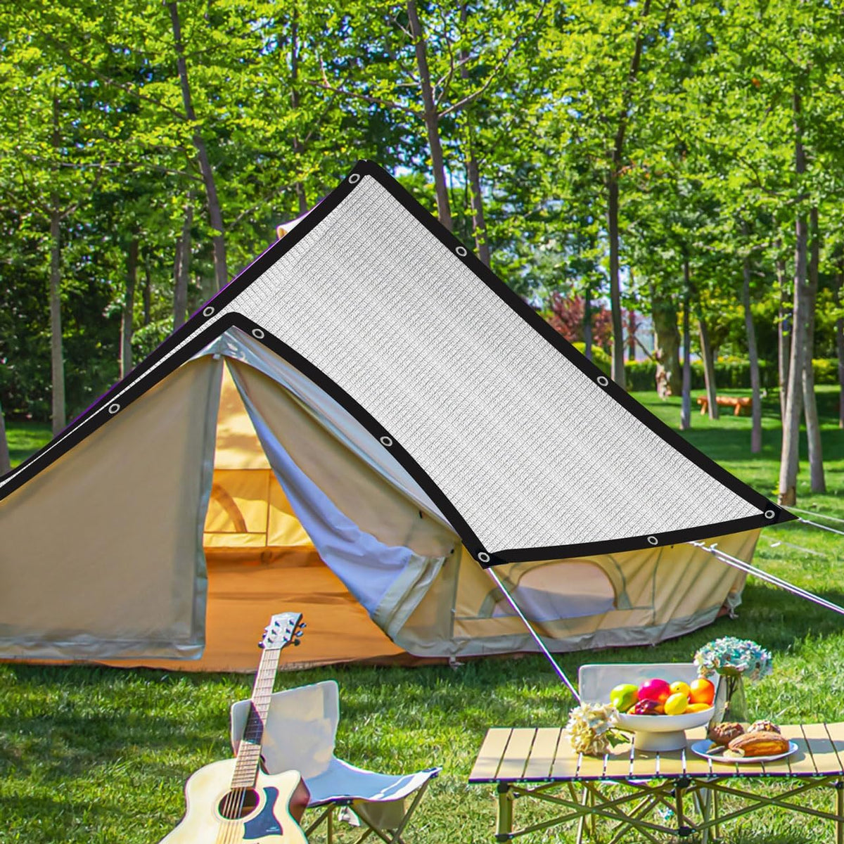 Schaduwnet voor de tuin, van aluminium, 80% zonnezeil met rand, eenvoudig op te hangen, schaduwnet voor balkon, tuin, camping, zilver