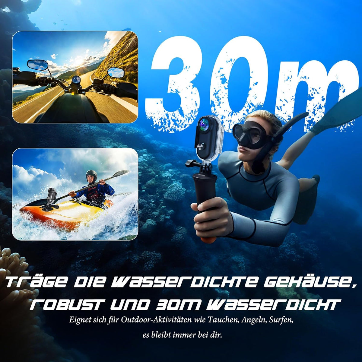 Mini Action Cam WiFi, 4K onderwatercamera, waterdicht tot 30 m, met 64G geheugenkaart, handsfree POV, overal te bevestigen, 360° helmcamera, motorfiets, fiets, bodycam, lichaamscamera