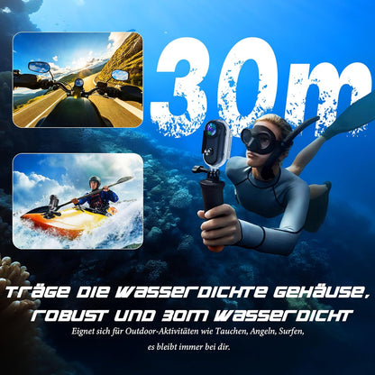 Mini Action Cam WiFi, 4K onderwatercamera, waterdicht tot 30 m, met 64G geheugenkaart, handsfree POV, overal te bevestigen, 360° helmcamera, motorfiets, fiets, bodycam, lichaamscamera