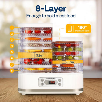 VIVOHOME Elektrische droogautomaat met 8 laden, 400 W droogapparaat met 72-uurs digitale timer en temperatuurregeling voor fruit, groenten, vlees, gedroogd vlees, kruiden, rundvlees, paddenstoelen