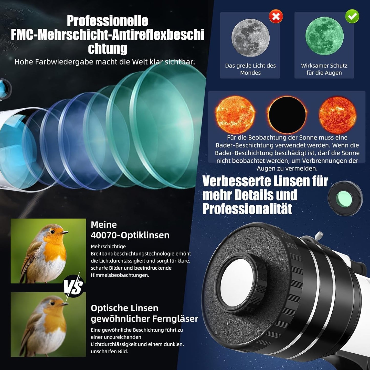 ACESOME Telescoop, vergroting 20-333 x telescoop, astronomy voor kinderen en volwassenen, 70 mm aperture sterentelescope astronomische telescoop met verstelbaar statief, opbergtas