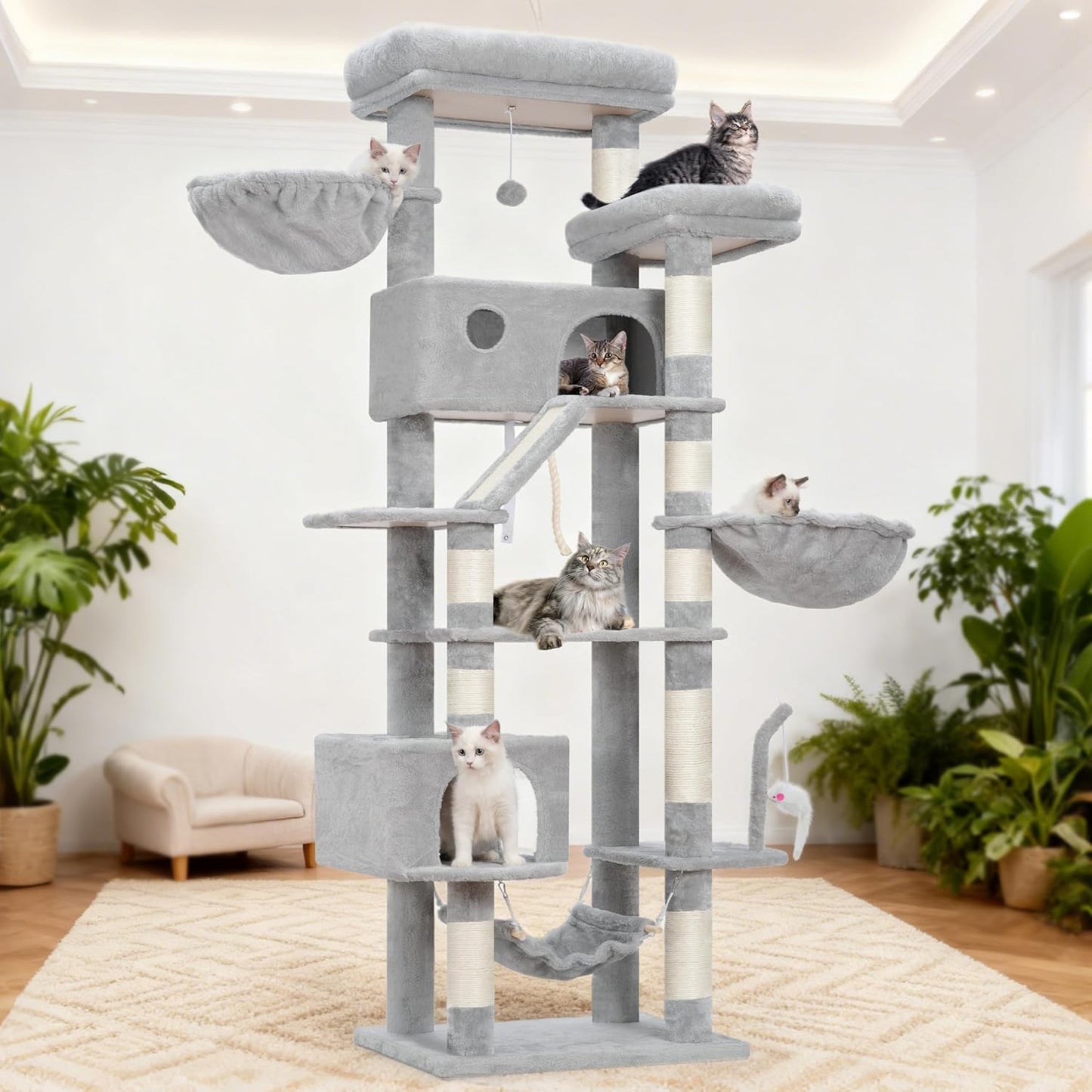 Krabpaal groot, kattenboom grote katten stabiel voor binnen, 200 cm kattenkrabpaal met ruime platforms, kattenholen, hangmat, sisalzuilen, lichtgrijs GCT031W