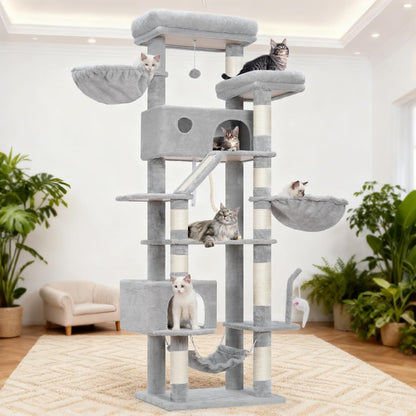 Krabpaal groot, kattenboom grote katten stabiel voor binnen, 200 cm kattenkrabpaal met ruime platforms, kattenholen, hangmat, sisalzuilen, lichtgrijs GCT031W