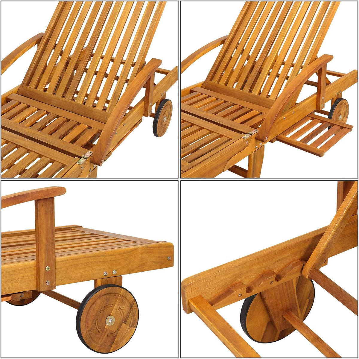 CASARIA® Sun Sunbed Wood Foldable 160 kg Load Capacity Wheels Table Foot and Back Adjustable Table Garden Balcony Terrace Sunbed Acacia Cozy Garden Bed for Summer - QUORE