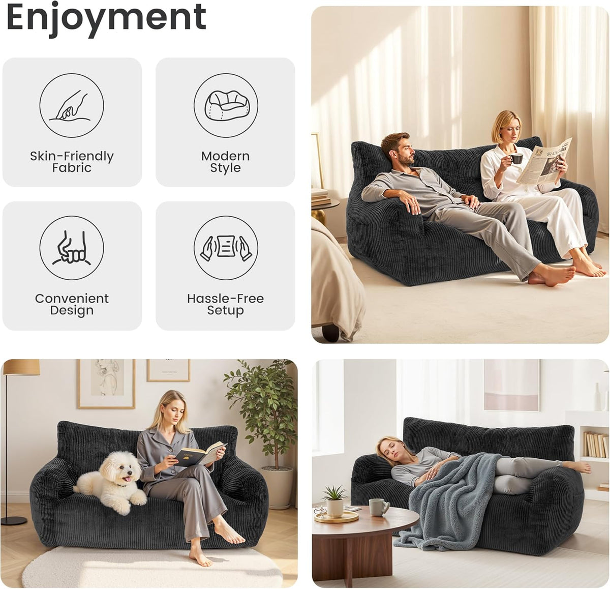 Pamapic Zitzak, zitzak voor volwassenen met vulling, dubbele loungestoel met draagbare handgreep, moderne ergonomische beanbag, indoor zitzak, stoel voor woonkamer, slaapkamer, speelkamer, zwart