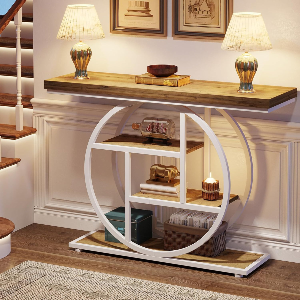 Tribesigns Console Table 105cm with 4 Levels, Narrow Industrial Sofa Table with Round Metal Frame, Wooden Entrance Table with Storage Racks for Living Room (Brown-White)