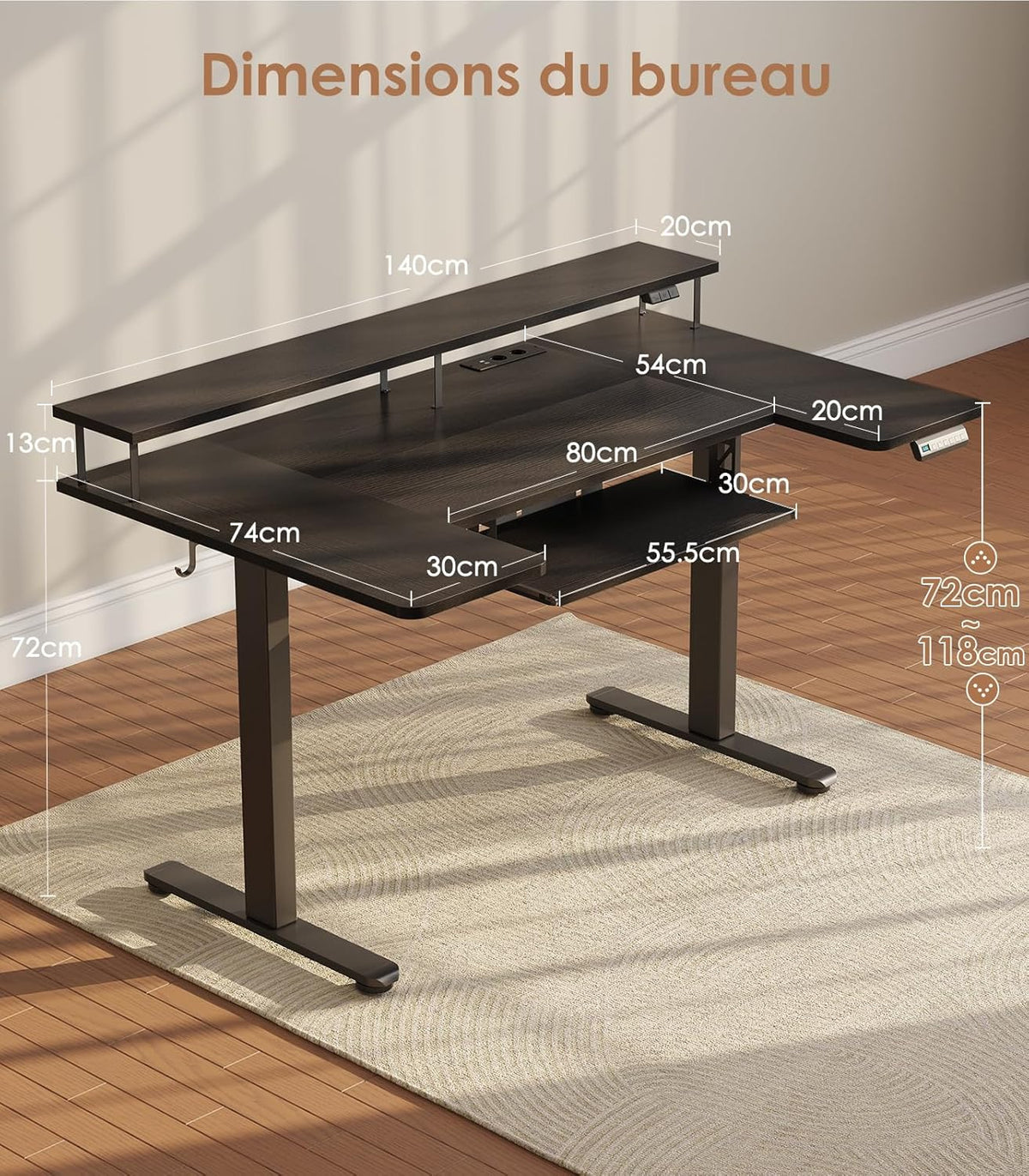 OffiGo U-Shaped Height Adjustable Desk, 140 cm, Electric Standing Table with Monitor Stand, Sockets and USB Charging Port, Standing Desk with LED, Gaming and Office, Computer Table, Black - QUORE