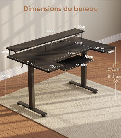 OffiGo U-Shaped Height Adjustable Desk, 140 cm, Electric Standing Table with Monitor Stand, Sockets and USB Charging Port, Standing Desk with LED, Gaming and Office, Computer Table, Black - QUORE