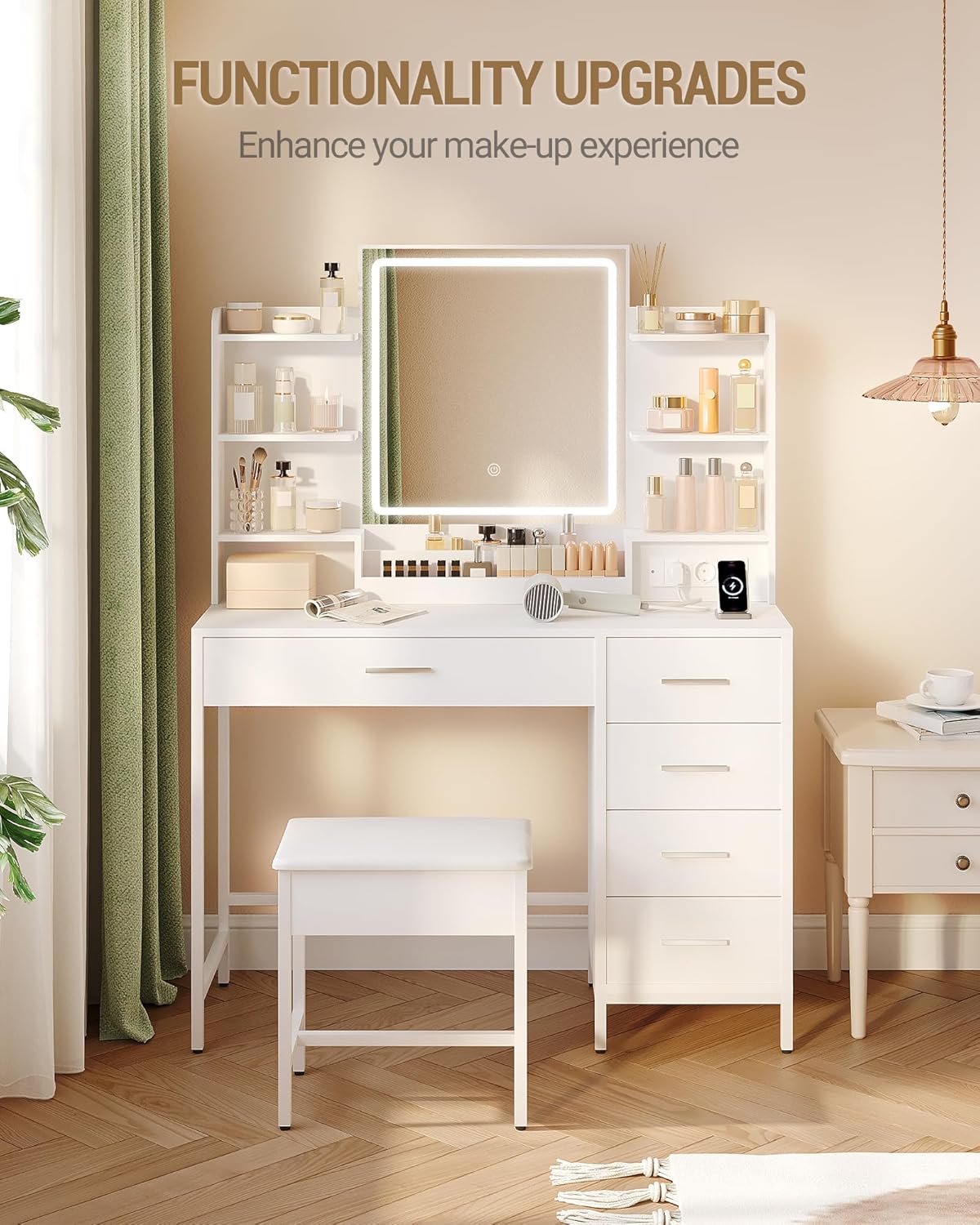 Hzuaneri Dressing Table, Soft Stool, HD Mirror and Adjustable Led Lights, Socket and Usb, 5 Drawers, Open Storage Compartment, White DT35103W