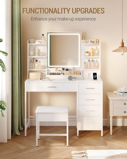 Hzuaneri Dressing Table, Soft Stool, HD Mirror and Adjustable Led Lights, Socket and Usb, 5 Drawers, Open Storage Compartment, White DT35103W