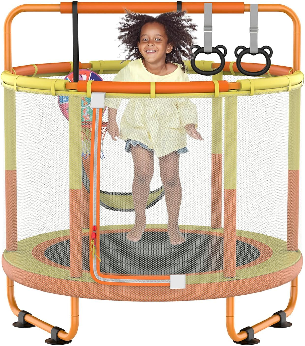 CZCPAPY Trampoline voor kinderen, outdoor trampoline voor binnen en buiten, met veiligheidsnet, mand, stangen, schommels, cadeau voor kinderen (geeloranje)