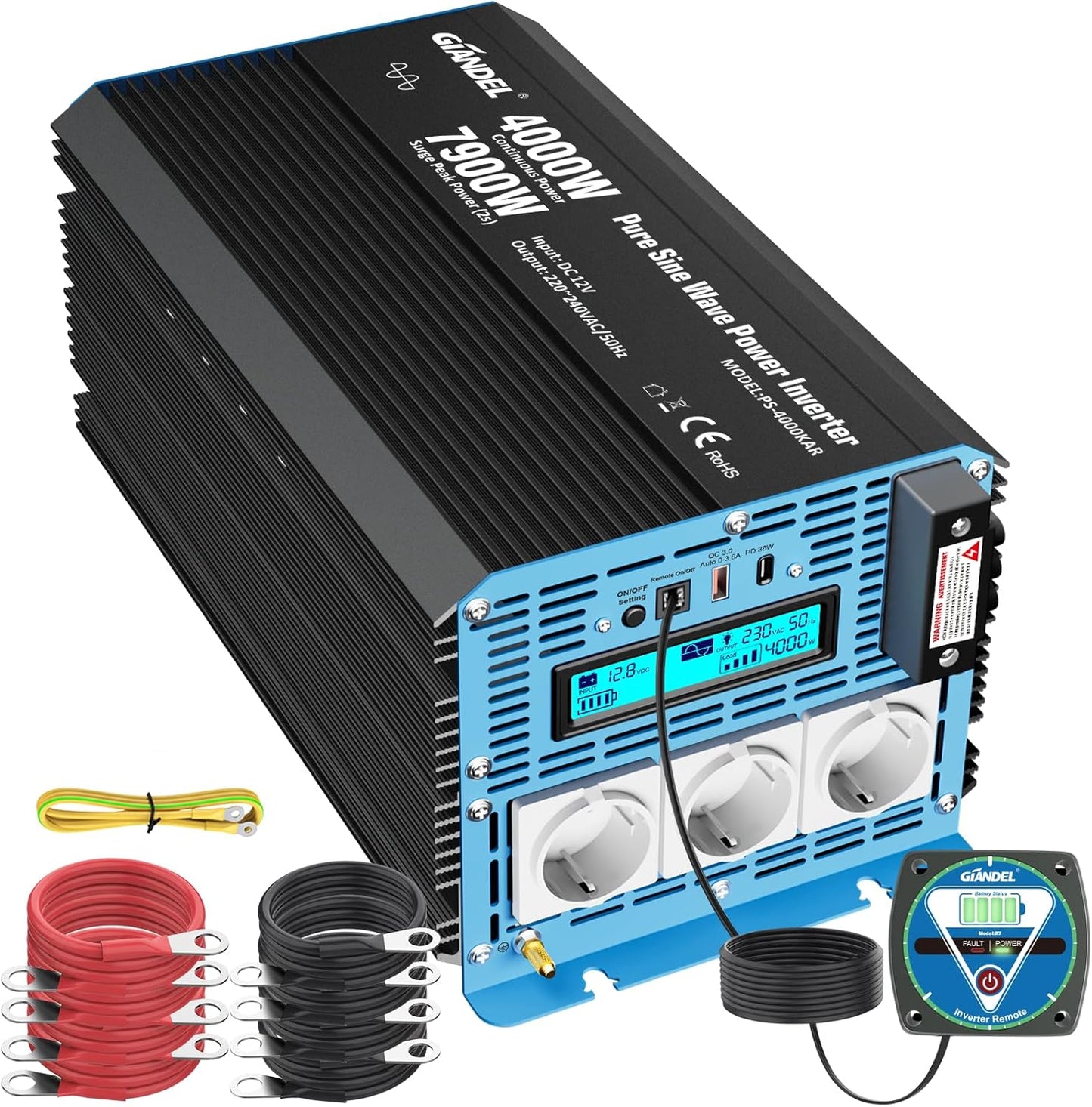 GIANDEL 4000 W omvormer, zuivere sinus, 12 V naar 230 V, met instelbare onderspanningsuitschakeling, spanningsomvormer met afstandsbediening en USB-C PD 36 W, voor camper, camping, caravans