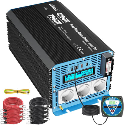 GIANDEL 4000 W omvormer, zuivere sinus, 12 V naar 230 V, met instelbare onderspanningsuitschakeling, spanningsomvormer met afstandsbediening en USB-C PD 36 W, voor camper, camping, caravans