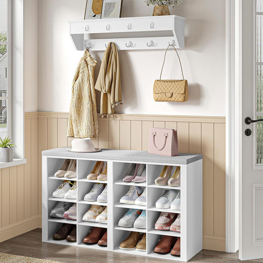 Hzuaneri Wardrobe Shoe Rack Set, Shoe Bench with Cushion, Entrance Bench 30 x 105 x 59 cm, Wall Coat Rack with 9 Hooks Coat Racks with Shelf for Living Room, Bedroom, Entrance, White-Grey, HT56603GY
