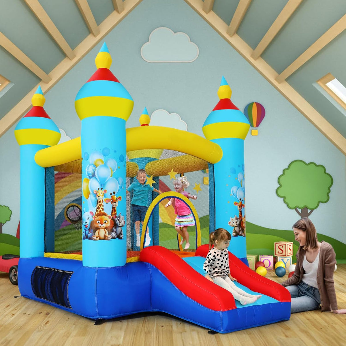 Springkasteel, indoor outdoor speelkasteel met ventilator, tropische jungle-dieren, party, springkasteel met glijbaan en springgedeelte, balwerpspel, opblaasbaar springkasteel als cadeau voor kinderen