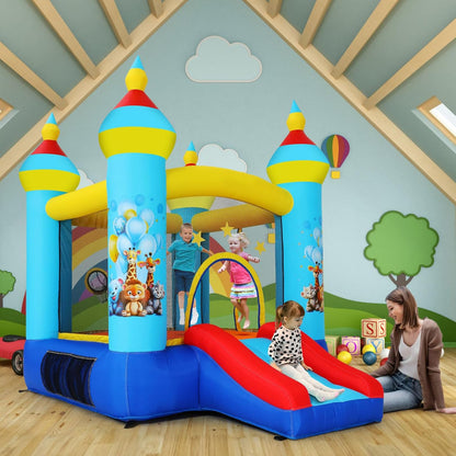 Springkasteel, indoor outdoor speelkasteel met ventilator, tropische jungle-dieren, party, springkasteel met glijbaan en springgedeelte, balwerpspel, opblaasbaar springkasteel als cadeau voor kinderen