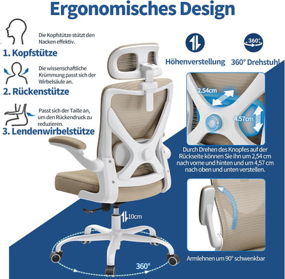 TRALT Bureaustoel - Ergonomische bureaustoel met verstelbare lendensteun hoofdsteun Office Desk Chair - Gaming stoel in X-vorm bureaustoel - Bureaustoelcomputerstoel 150kg Khaki