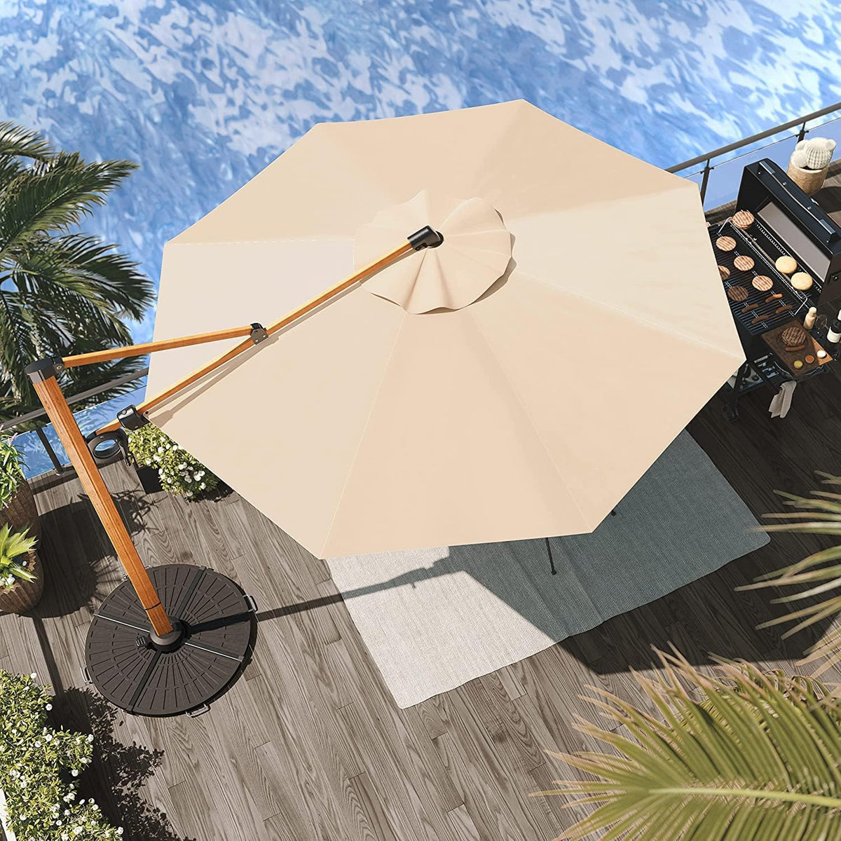Grand patio Parasol, zonwering, balkon, zweefparasol, 300 cm, met zwengel, winddicht, voor terras, tuin, strand, uv-bescherming 50+, champagne, rond