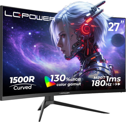 LC-Power LC-M27FC Gaming Monitor 27 inch Curvo, FHD 1920x1080, 180 Hz, 1ms MPRT, VA Panel Ultra Rapid, 123,1% sRGB, HDR, AMD FreeSync, hellingshoek verstelbaar, HDMI 2.0/DP1.4, VESA 100x100