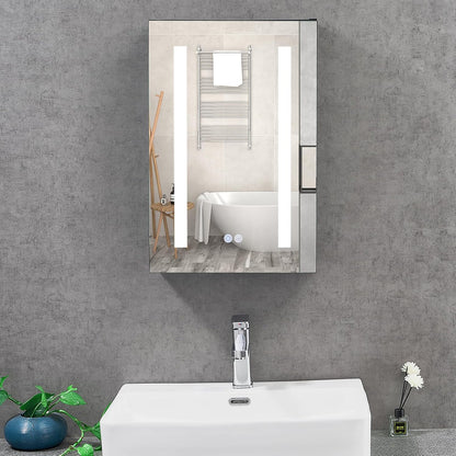 T&K LED-badkamerspiegelkast met verlichting en ontneveling, 40 x 60 cm, met glazen plank, stopcontacten en USB's, wandgemonteerde aluminium framewerk, badkamerspiegelkast