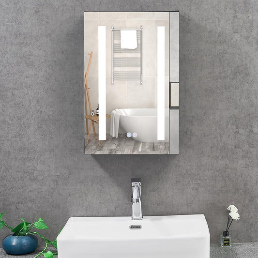 T&K LED-badkamerspiegelkast met verlichting en ontneveling, 40 x 60 cm, met glazen plank, stopcontacten en USB's, wandgemonteerde aluminium framewerk, badkamerspiegelkast