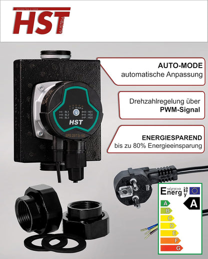HST | zeer efficiënte verwarmingspomp | circulatiepomp | HST EPS 25-7,5/180 mm | opvoerhoogte 7,5 meter | toerentalregeling via PWM-signaal