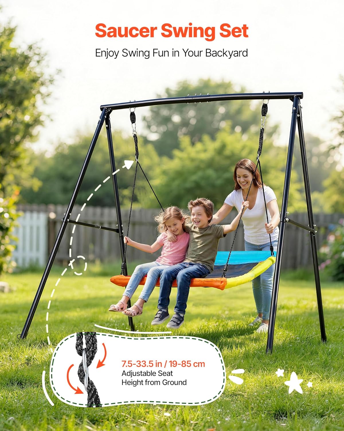 VEVOR Tuinschommel van metaal, A-vormig, voor kinderen, maximale belasting 199,6 kg, zitschommel 150 x 81 cm, voor buiten, binnenplaats, speelplaats, driehoekige structuur voor kinderen