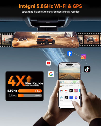 WOLFBOX 2.5K G840H 12'' Mirror Dashcam with ADAS and BSD, 5.8GHz WiFi Rearview Mirror with Camera, Voice Control, Parking Monitor, 32GB Map and GPS, Loop Recording - QUORE