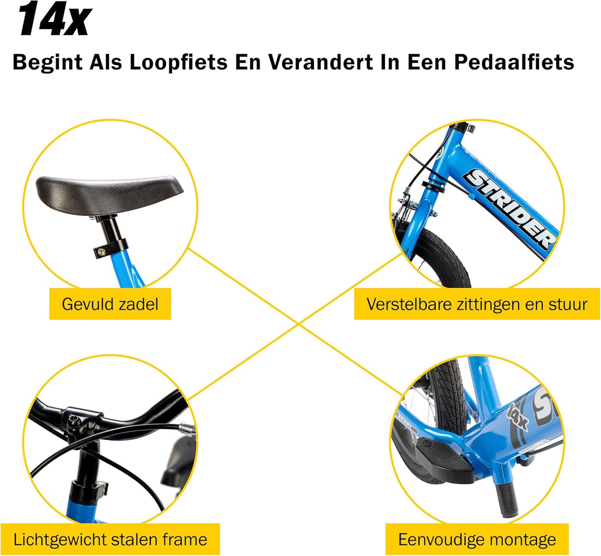 Strider 14 x evenwichtsfiets voor kinderen van 3 tot 6 jaar, passende handgrepen, gevoerd zadel, voetsteun en banden voor alle doeleinden, eenvoudige montage
