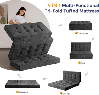 MAXYOYO Opvouwbare Matras Eenpersoons, 15 cm Comfortabele Opvouwbare Matras Met Chenille-Stof, Driekwijd Vloer Futon Bank Bed Voor Gast, Vouwmatras Topper Voor Camping, Grijs, Enkel